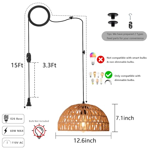 HuisMier Rattan Hanging Lamp Plug in Pendant Light with 15 Ft Plug in Cord, Wicker Woven Basket Lampshade Hanging Light with Dimmable Switch, Boho Plug in Pendant Light for Kitchen Farmhouse Bedroom - color: Rattan Natural