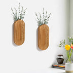 2 Pack Carved Wood Wall Planters with Fake Eucalyptus Stems for Wall Decor - Boho Wooden Wall Art for Living Room, Bedroom, Bathroom (Brown)