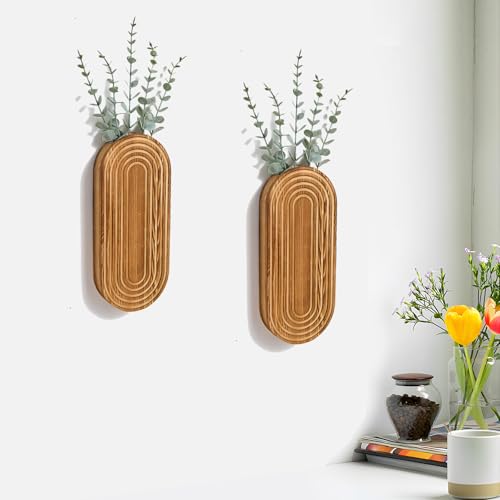 2 Pack Carved Wood Wall Planters with Fake Eucalyptus Stems for Wall Decor - Boho Wooden Wall Art for Living Room, Bedroom, Bathroom (Brown)