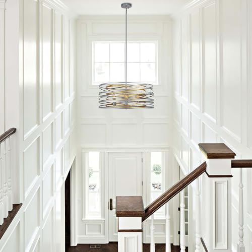 ACNKTZ 23.6'' Large Vintage Round Chandelier, 6-Light Modern Farmhouse Lantern Chandelier, Antique Double Drum Chandelier for Dining Room Entryway Kitchen Island Foyer, Silver with Gold Interior - color: Silver with Gold Interior, size: 23.6"/6-Light
