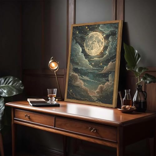 Dark Mystical Moon Wall Art Vintage Cottagecore Celestial Wall Decor Picture Moody Night Cloud Sky and Star Poster Canvas prints for Living Room Bedroom 12x16 inch Wood Framed - color: Moon, size: 16"L x 12"W