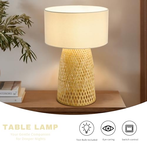 Boho Bamboo Table Lamp, Handwoven Bedside Lamp with Linen Shade, Small Natural Weave Nightstand Light for Living Room, Tea Room, Desk,White - color: White
