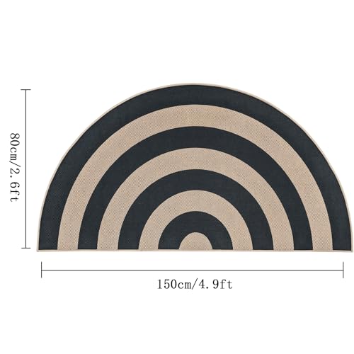 Faux Jute Rug 2.6x5Ft Half Circle Rainbow Doormat Easy Jute Carpet for Farmhouse Bedroom Kitchen, Non-Slip Half Round Neutral Floor Mat for Living Room Kids Room Indoor Outdoor Decor, Black 2 - color: Black 2, size: 2.6'x5'