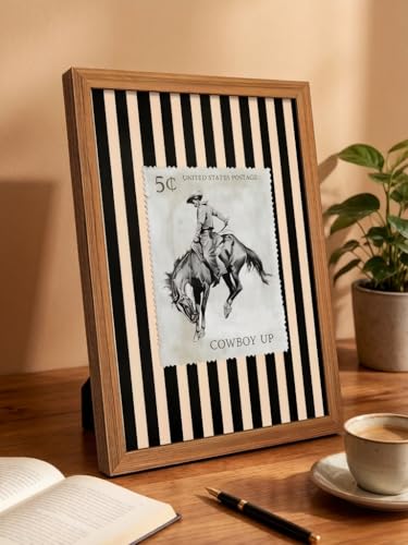 LBTZEVIR Cowboy Up Vintage Western Wall Art, Framed Rodeo Cowboy Postage Print, Black and Beige Striped, Wood Frame, 16x12 Inch, Western Decor for Living Room or Bedroom - color: Black and White1, size: 16"L x 12"W