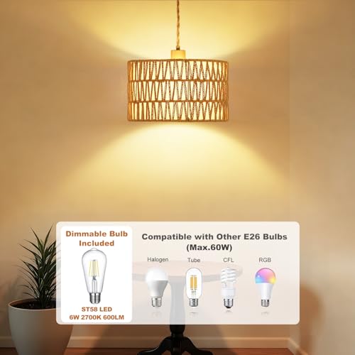 Vinaco Plug in Pendant Light Paper Woven Rattan Hanging Lights, Stepless Dimming Wicker Pendant Light Plug in, High Output Boho Swag Lamps Cord Adjustable for Bedroom Dining Room Corridor Foyer - size: 2 tier HL-10