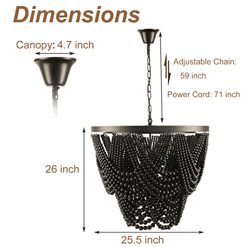 Boho Chandelier, Black Wood Beaded Chandelier Bohemia Light Fixture, Rustic Farmhouse Ceiling Light Fixture for Dinning Room Bedroom Living Room, 25.5 inch OD - color: Black 25.5"
