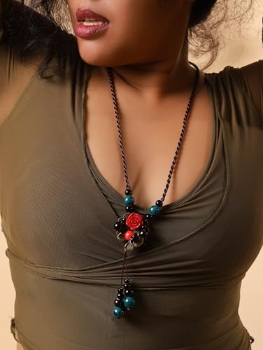 MINACHI Vintage Bohemian Colorful Ceramic Bead Antique Flower Y Necklace, Vintage Boho Hippie Statement Jewelry Gift for Women - color: S09