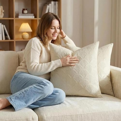 Mantle & Mason Modern Scandi Cushion Covers Leaf Pattern Throw Pillow Covers 18x18 inch Set of 2 Soft Velvet Embossing Decorative Pillow Covers for Couch Sofa Bed Chair Living Room Home Decor Beige - color: Leaf Beige, size: 18" x 18" (Pack of 2)