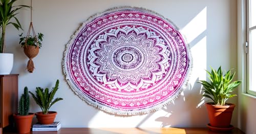 Round Beach Tapestry Mandala Boho Hippie Blanket Indian Cotton Bohemian Large Table Cloth Home Decor Yoga Mat Meditation Picnic Rug Hawaii Sunproof Throw Hippy Boho Gypsy Tablecloth Shawl Roundie (42 - color: White And Pink, size: 42"L x 42"W