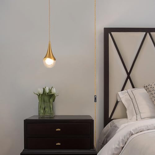 MWZ Gold Plug in Pendant Light,Hanging Lights with Plug in Cord On/Off Switch, Mini Brass Pendant Lights for Kitchen Island,Modern Raindrop Lamps Fixture with Globe Glass Shade for Bedroom - color: Gold, size: 1 Pack-Plug in