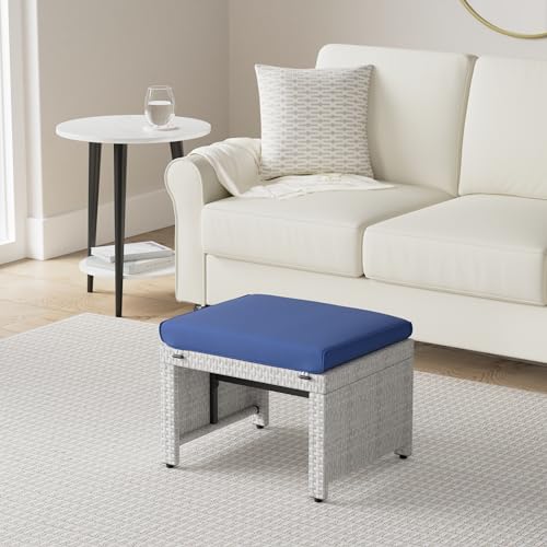 Best Choice Products Set of 2 Wicker Ottomans, Multipurpose Outdoor Furniture for Patio, Backyard, Additional Seating, Footrest, Side Table w/Removable Cushions, Steel Frame - Gray/Navy - color: Gray/Navy