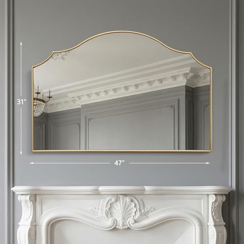 Besdomus Large Scalloped Gold Mirror: 47"x31" Modern Minimalist Wood Frame Wall Mirror - Decorative Vanity Arched for Bathroom/Dresser/Entryway/Fireplace/Living Room - Stylish Home Decor - color: Gold Leaf, size: 31"L x 47"W