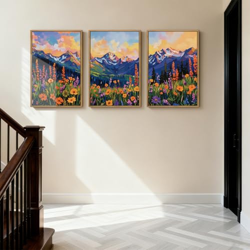 ANHUIB Colorful Wildflower Wall Art Boho Mountain Wall Decor Nature Floral Art Print 16x24 Inch Set of 3 for Living Room Bedroom Dining Room - color: Colorful Wildflower, size: 24"L x 16"W