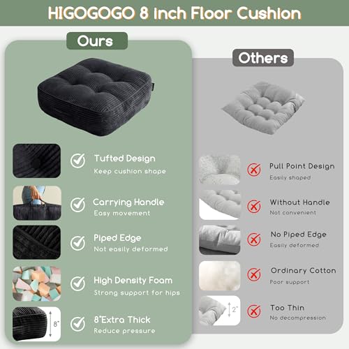 HIGOGOGO 8" Extra Thick Floor Pillow Cushion for Adults, Meditation Cushion Pillow, Large Square Floor Sitting, Tufted Corduroy Cover, for Tatami Living Room or Yoga, 22x22 Inch, 2Pack, Black - color: Square Black, size: 8" Thick(Pack of 2)