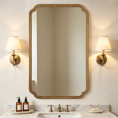 WallBeyond 30" x 48" Wood Bathroom Mirror for Wall Mounted, Rustic Rounded Corner Vanity Mirror for Entryway, Living Room or Bedroom Home Decorative [30" x 48" Natural Color] - color: Natural a, size: 48"L x 30"W