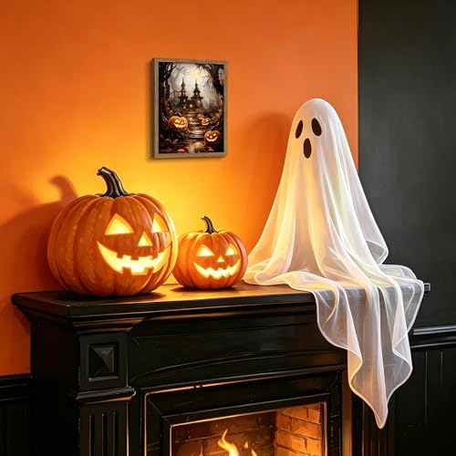 Framed Vintage Halloween Wall Art - Spooky Haunted House Canvas Print, Gothic Halloween Wall Decor, Fall Pumpkin Picture Painting for Living Room Bedroom Home, 8x10in Wood Frame - color: Magic Castle, size: 10"L x 8"W