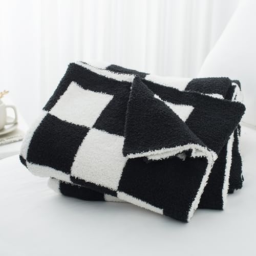 Carriediosa Checkered Throw Blanket 90" X 90" Queen, 400GSM Ultra Soft Microfiber Fuzzy Fluffy Reversible Cute Preppy Knitted Blankets Cozy Plush Fall Throws for Couch, Bed, Sofa, Black - color: Check - Black, size: 90" X 90"