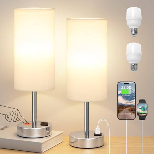 Dicoool Bedside Table Lamps for Bedroom Set of 2 - Touch Lamp for Nightstand with USB-A+C Charging Ports - 3 Way Dimmable Small Desk Lamp White for Office, Dorm Room, Living Room, Reading, Nursery - color: White & Silver, size: 14in