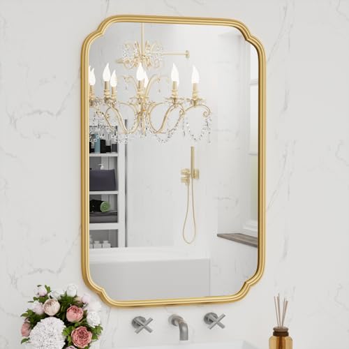 Ferytange Gold Bathroom Vanity Mirror for Wall 24" x 36" Modern Rounded Rectangle Mirror with Metal Framed Mirrors for Over Sink Wall Decorative (Horizontal/Vertical) - color: Gold, size: 36"L x 24"W