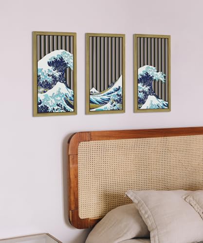 Putuo Decor Japanese Ocean Wave Wall Art, Vintage Framed Wall Decor- The Great Wave off Kanagawa by Hokusai, Nature-Inspired Wall Decorationfor Bathroom, Bedroom, and Living Room - color: Blue Ocean Wave