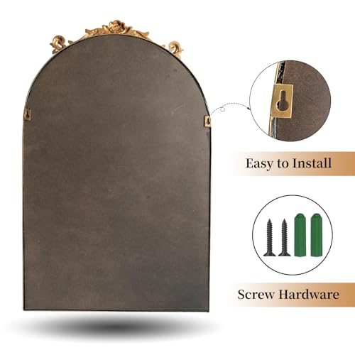 ironsmithn Gold Arched Mirror, 20"x32" Ornate Beaded Frame Mirror, Metal Decorative Accent Mirrors for Fireplace Bedroom Bathroom Living Room Entryway - size: 32"L x 20"W