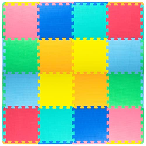 ProSource Baby Play Mat, Soft Foam Floor Tiles for Kids, Interlocking EVA Panels for Playpen Use, Crawling Development Surface, Safe Non-Toxic Toddler Flooring, 16 Tiles, Multicolor - color: Multicolor, size: 16 Tiles