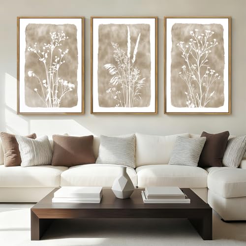ANHUIB Beige Neutral Floral Canvas Wall Art 16x24 Inch Framed Brown Botanital Wall Decor Large Rustic Farmhouse Wildflower Artwork Boho Vintage Plant Art Prints Set of 3 for Living Room Bedroom Office - color: Beige Floral, size: 24"L x 16"W