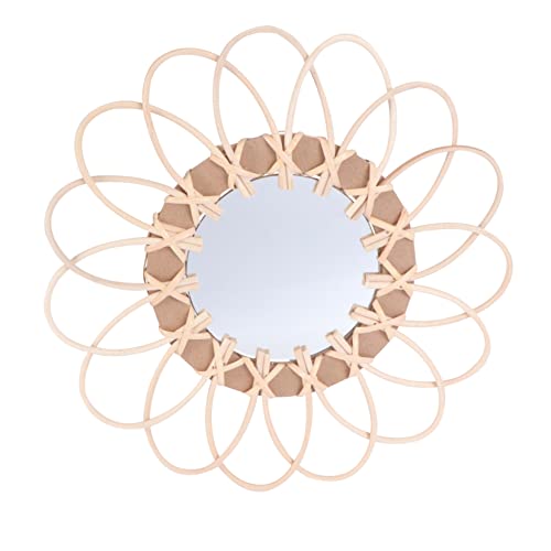 PRETYZOOM 1pc Boho Decorative Woven Mirror Handcrafted Wall-Mounted Makeup Mirror for Beige for Living Room Bedroom Bathroom Wall Art