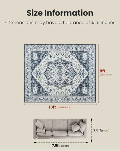 AMADA HOMEFURNISHING 8x10 Area Rug, Washable Low-Profile Large Area Rug with Non-Slip Backing & Durable Edge Binding, Vintage Large Rugs for Living Room, Bedroom - color: Navy/Blue, size: 8' x 10' (Rectangular)