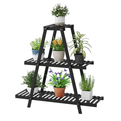 STDDRE Plant Stand For Indoor Outdoor Tiered Plant Shelf 3 Tier 8 Potted Bamboo Flower Holder Ladder Rack For Multiple Triangle Table Plant Pot Stand (Black) - color: Black