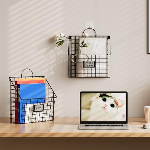 Yuzehuaza Hanging Wall File Organizer Metal Wall Mounted File Holder Folder with Handles and Hooks, Magazine Document Rack, for Home Office or Decor, 3 Packs (Patent Pending)