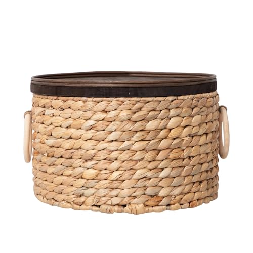 Water Hyacinth Storage Basket with Wooden Lid & Handles, 12.0" D x 6.7" H Handwoven Round Basket for Living room,Bathroom - Decorative Organizer for Home (Large) - size: Large