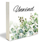 Greenery Wooden Block Sign - Unwind - 4"X4" Decorative Pine Wood Plaque, Home & Office Desk Decor, Housewarming Gift For Friends, Room Tabletop, Shelf Accessories - A10