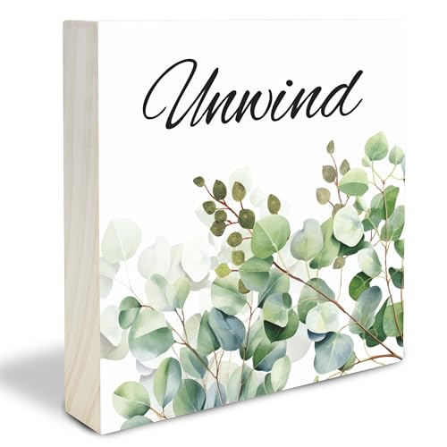 Greenery Wooden Block Sign - Unwind - 4"X4" Decorative Pine Wood Plaque, Home & Office Desk Decor, Housewarming Gift For Friends, Room Tabletop, Shelf Accessories - A10