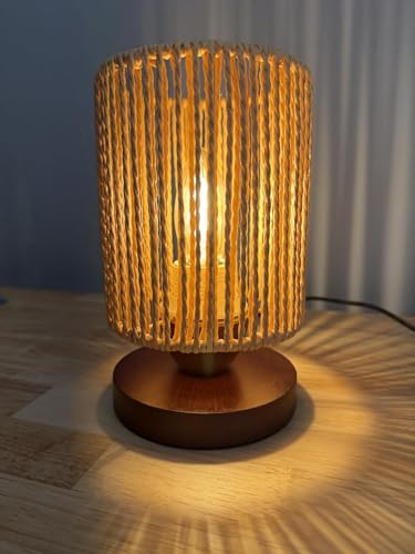 Handmade Rattan Lamp Boho Table Lamp for Bedroom, Stepless Dimming Small Woven Lamps for Night Stands with Warm White LED Bulb, Coastal Boho Lamp for Living Room Reading Nook Office Desk - color: Bohemian - Dimmable