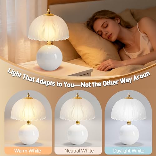 PARTPHONER Mushroom Table Lamp, Ceramic Bedside Lamp with Glass Shade, 3-Way Lighting (2700K-5000K) Rocker Switch, Small Nightstand Lamp for Bedroom, Living Room, Office, White - color: White