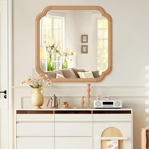 Ferytane Square Natural Wood Mirror 24X24 Inch,Wood Mirror for Bathroom Over Sink Rounded Corner Wooden Framed Mirror for Vanity, Entryway, Living Room Farmhouse, Tempered Glass (Natural Beech Wood) - color: Natural Wood, size: 24"L x 24"W