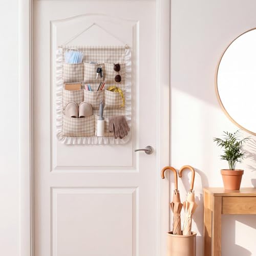 Amyhill Wall Hanging Organizer with Pockets Over Door Storage Bag Ruffled Beige Gingham Cotton Wall Mounted Pocket Organizers for Home Bedroom Bathroom Aesthetic Decor Space Saving