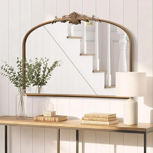Besdomus Vintage Arched Gold Mirror: 32"x24" French Large Gold Vintage Wall Mirror - Baroque Traditional Ornate for Bedroom/Fireplace/Bathroom/Hallway - Ideal Gifts for Housewarming/Birthday - color: Brass Gold, size: 24"L x 32"W