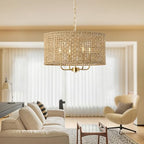 Rattan Drum Chandeliers for Dining Room, 4-Light Bohemian Hand-Woven Farmhouse Pendant Light Dining Room Light Fixture Chandelier for Entryway Living Room Kitchen Stairway Bedroom Hallway(Gold) - color: Gold 4-Light Drum
