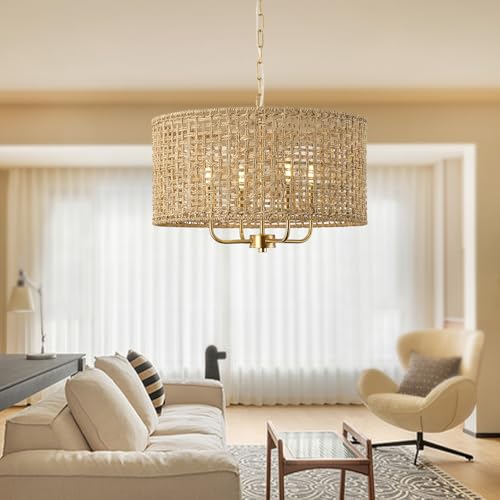 Rattan Drum Chandeliers for Dining Room, 4-Light Bohemian Hand-Woven Farmhouse Pendant Light Dining Room Light Fixture Chandelier for Entryway Living Room Kitchen Stairway Bedroom Hallway(Gold) - color: Gold 4-Light Drum