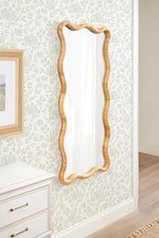 Kate and Laurel Rahfy Boho Scalloped Rectangle Rattan Wall Mirror, 22 x 48, Natural Wood, Decorative Rectangular Wavy Mirror with Authentic Rattan Frame for Bedroom Mirror Decor