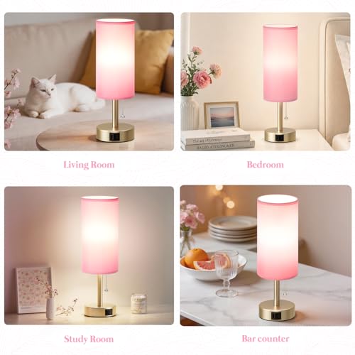 Dicoool Pink Bedside Table Lamp for Bedroom, Small Nightstand Lamp for Girls, 3 Color Temperatures & USB Charging Port, Cute Desk Lamp for Kids Teens Room Decor, Dorm Room Essentials - color: Pink-Light Gold
