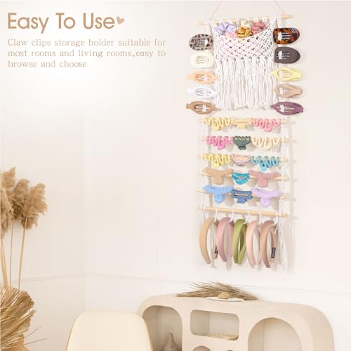 SNOWSTAR Macrame Hair Claw Clip Organizer,Large Capacity Mesh Bag Scrunchies Holder and Hair Ties Organizer for Women Girls,Hair Accessorie Hanging Storage Home Decor Wall,Door - color: Hook