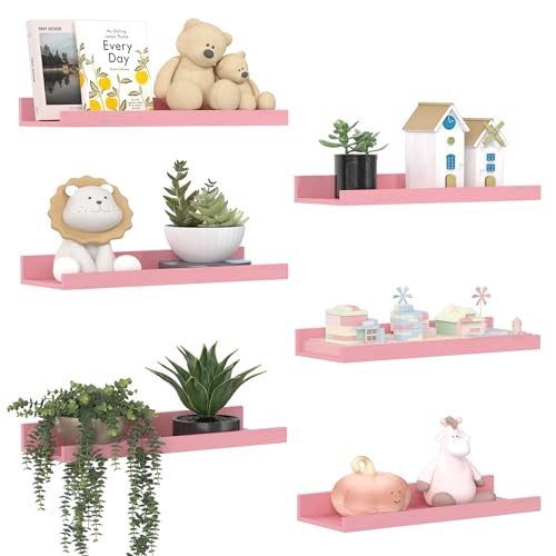 upsimples Pink Shelves for Wall, Pink Room Decor for Teen Girls, Bedroom, Living Room, Game Room, 6 Pack Wall Mounted Wood Shelves for Picture, Plants - color: Pink, size: 15.7in