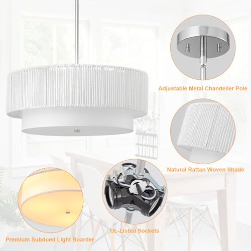 18'' Farmhouse Rattan Chandeliers for Dining Room,3-Light Boho Light Fixtures Rattan Pendant Light Fixture with Fabric Shade Drum Chandeliers for Bedroom Dining Room Foyer Kitchen Hallway（White） - color: White, size: 18 inch Drum