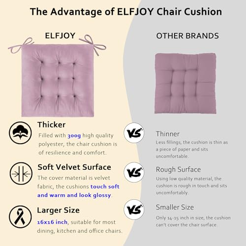ELFJOY 4 Pack Chair Cushions for Dining Chairs Indoor Kitchen Seat Cushions with Ties Tufted Square Seat Pas for Kitchen Dining Office Room (16" Light Purple Velvet) - color: Light Purple