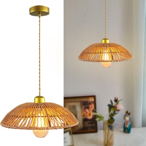 Boho Rattan Pendant Light, 12 Inch Hand Woven Rustic Chandelier, Farmhouse Hanging Ceiling Light Lamp Wicker Chandelier for Dining Room Kitchen Island Living Room - color: 11.81″-Semicircle
