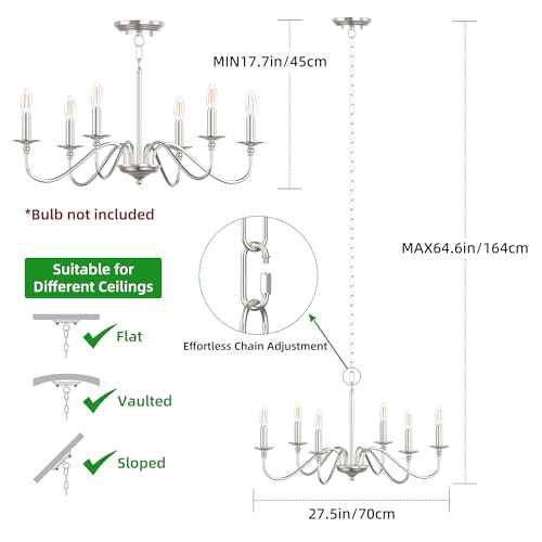 6-Light Farmhouse Chandelier 28'', Rustic Industrial Kitchen Island Pendant Lighting Fixture, Vintage Candle Ceiling Light for Dining Room, Living Room, Entryway, Bedroom-Brushed Nickel - color: Brushed Nickel