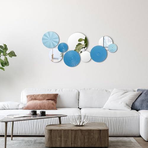 Blulu 9 Pcs Blue Mirror Wall Decor Metal Round Home Art Decor Decorative Modern Circle Mirror Wall Art Sculpture Hanging Decorations for Home Living Room Office - color: Blue